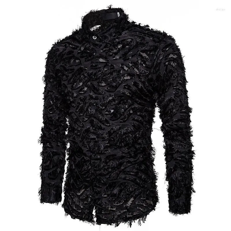 Mannen Casual Shirts TPJB Sexy Black Feather Lace Shirt Mannen Mode See Through Clubwear Dress Mens Event Party Prom Transparante Chemise