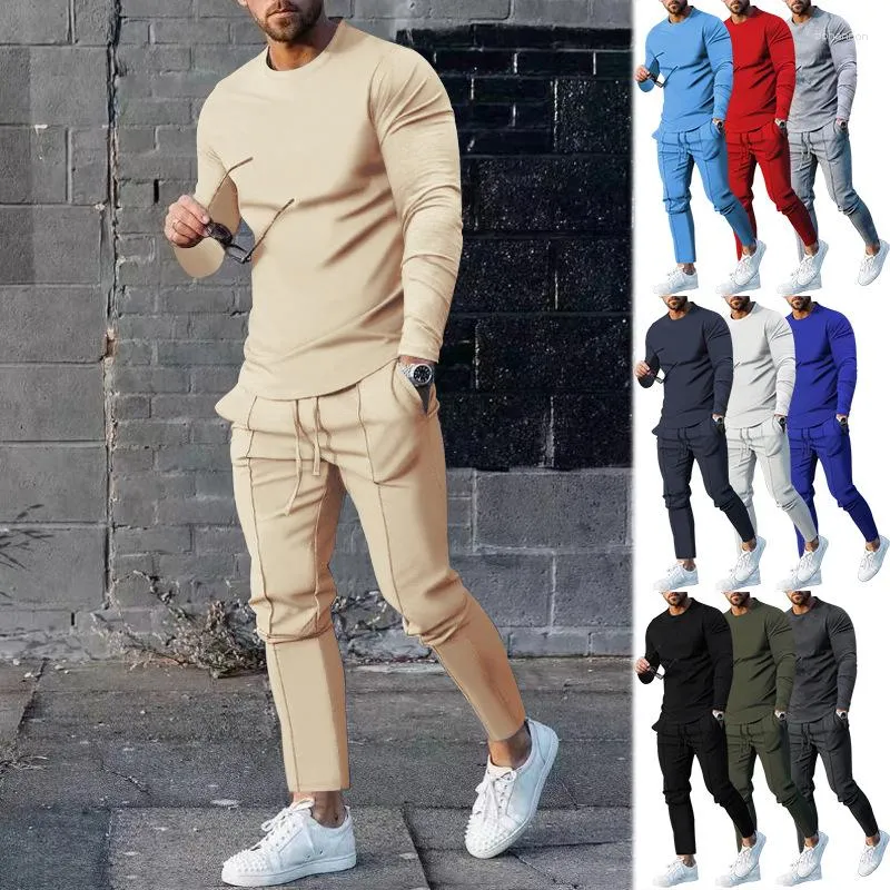 Herrspårar 2023 Mens Suit Spring och Autumn Two-Piece Round Neck Long Sleeve T-shirt Pants Leisure Sports Set Men