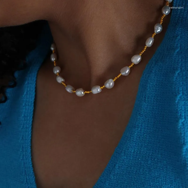 Catene Moda Perle d'acqua dolce Donne Per Collana Placcatura in oro Perline Estate Bohemien Elegante Gioiello Festa Regalo Vendita_voghion.com