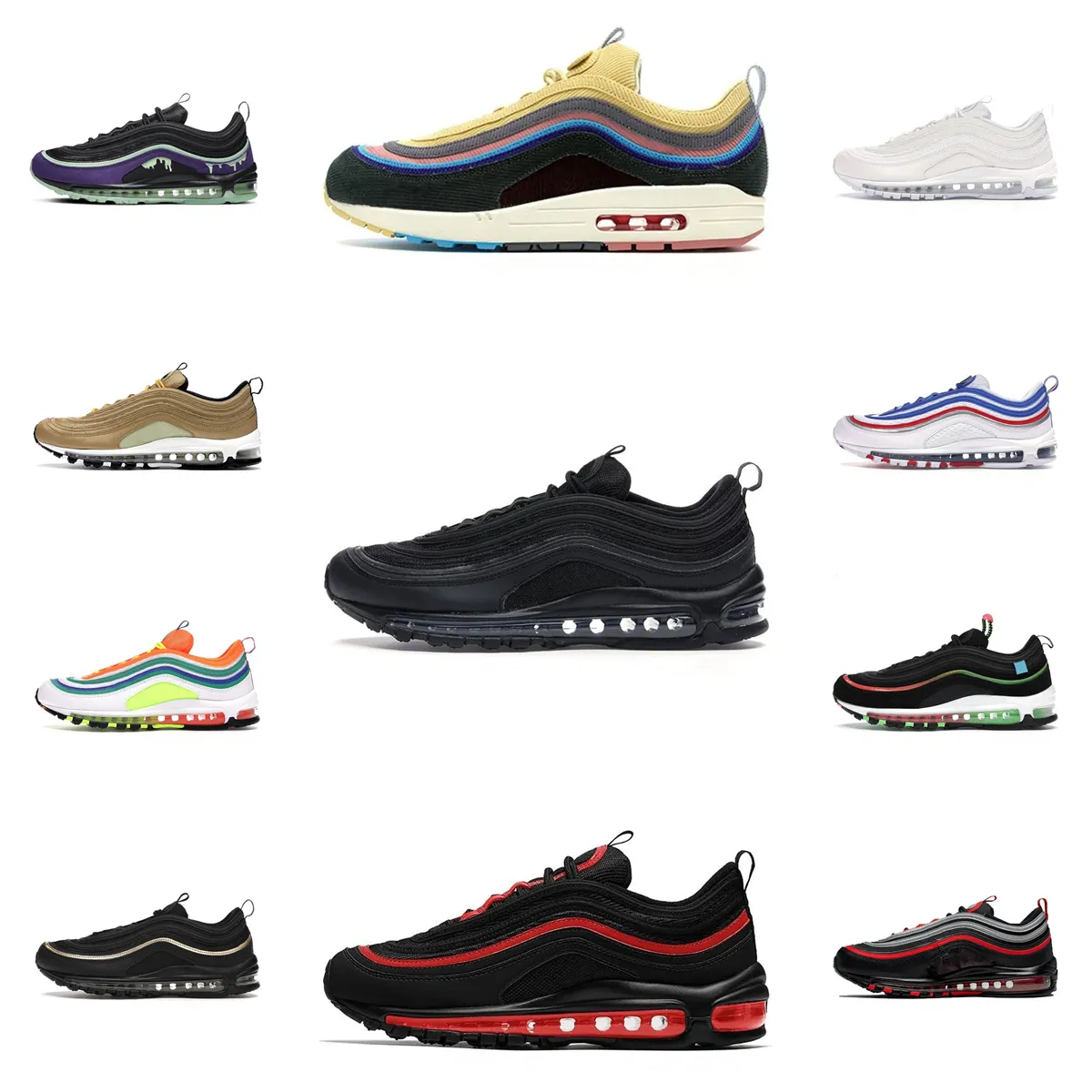 Trenerzy Max 97 Męskie buty masy msChf x inri Jezus Black Summit Triple White Metalic Gold Women Designer Air 97S Sean Wotherspoon Sliver Bullet Sneakers z pudełkiem