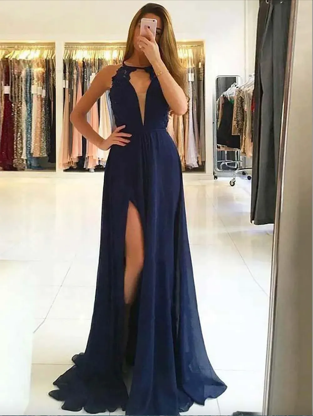 Ny ärmlös Scoop A Line spetsremmar Backless aftonklänning Navy Blue Dress Party Long Simple High Slit Chiffon Prom Dress