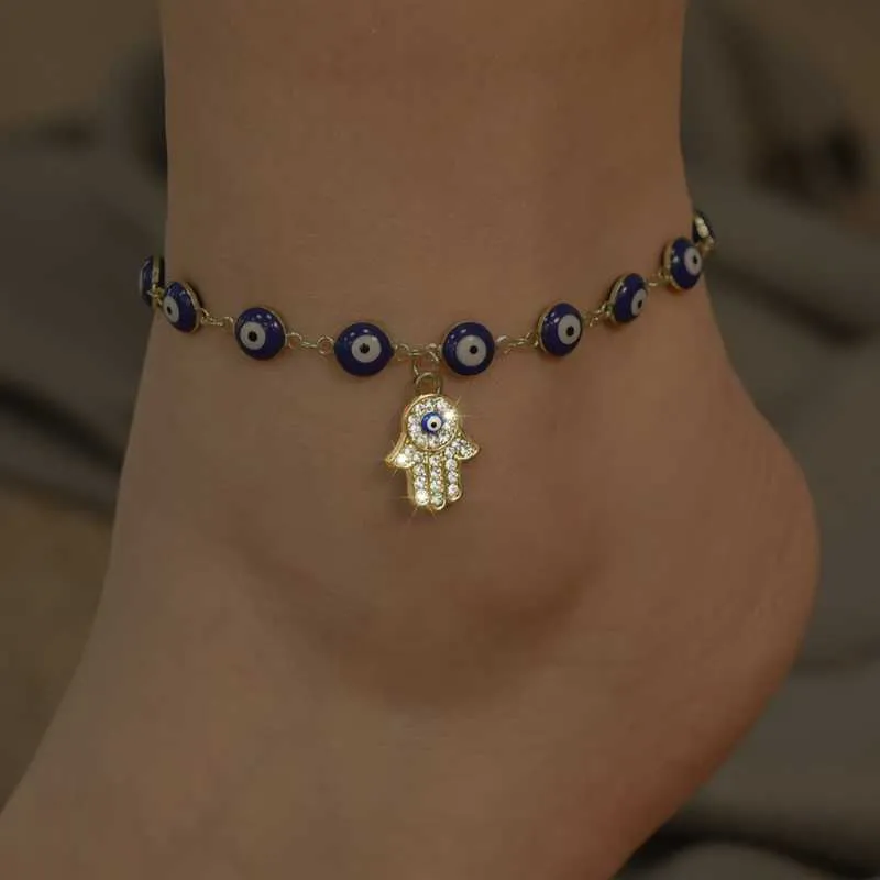 Böhmen Hand Blue Eye Charm Anklet Armband för kvinnor flickor Guldfärg Rostfritt stålkedja Justerbar fot Ankel 230719