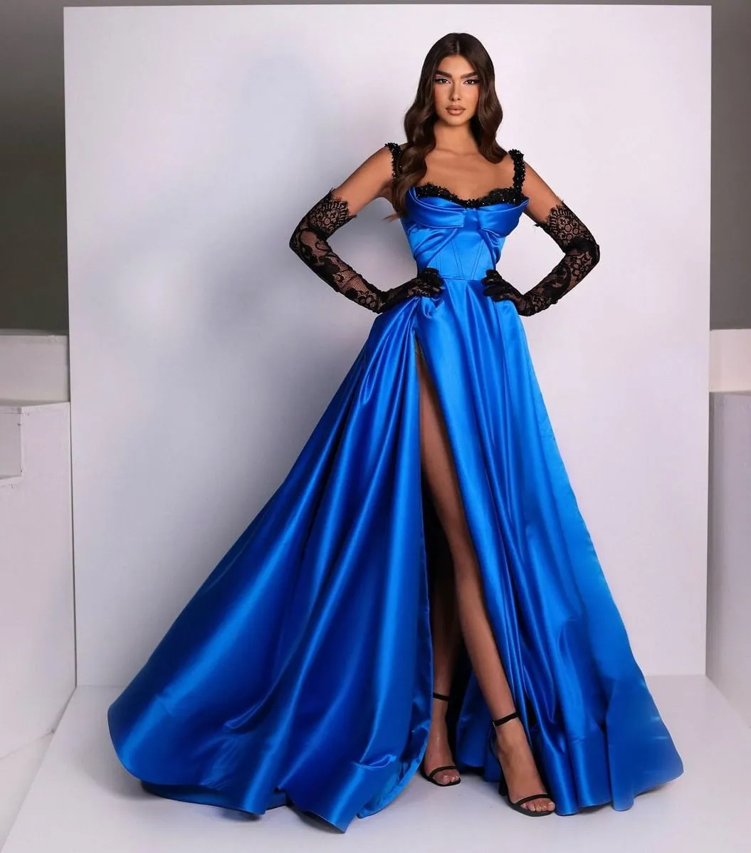 Sexy Royal Blue Plus Size A Line Galajurken Lang voor Vrouwen Spaghettibandjes Side Split Formele Gelegenheden Verkiezingsjurk Avondfeest Verjaardagsjurk zonder handschoenen