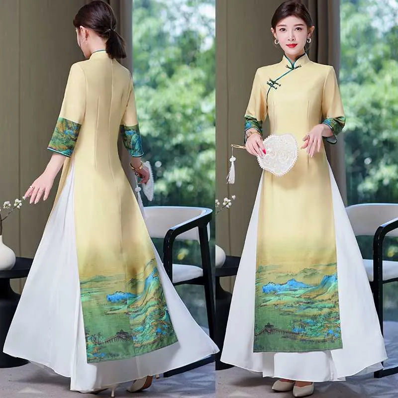 YLWX Ao Dai Vietnamese Jurk Qi Pao 2023, Traditionele Lotusbloem Cheongsam, Zomer Dunne Chinese Jurk Lange Catwalk Kostuums (Color : Blue, Size : S