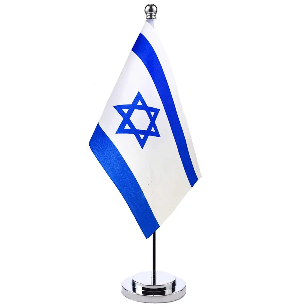 Banner Bandiere 14x21cm Mini Bandiera di Israele Banner Riunioni Sala riunioni Tavolo Supporto da scrivania Palo in acciaio inossidabile La bandiera israeliana Design nazionale 230804