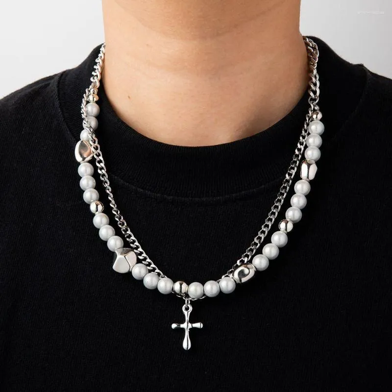 Chains Cross Pendant Double Layer Stitching Metal Clavicle Chain Hip Hop Necklace Reflective Pearl Korean Style Jewelry