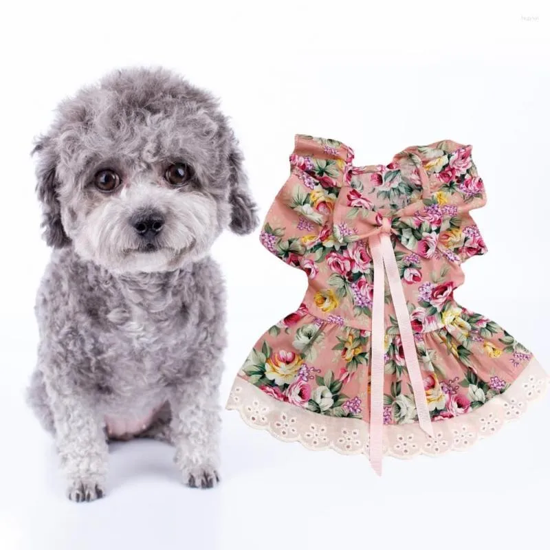 Vêtements pour chiens 1 ensemble robe de princesse pour animaux de compagnie dentelle Patchwork manches à volants imprimé à carreaux chiot jupe nœud papillon vêtements