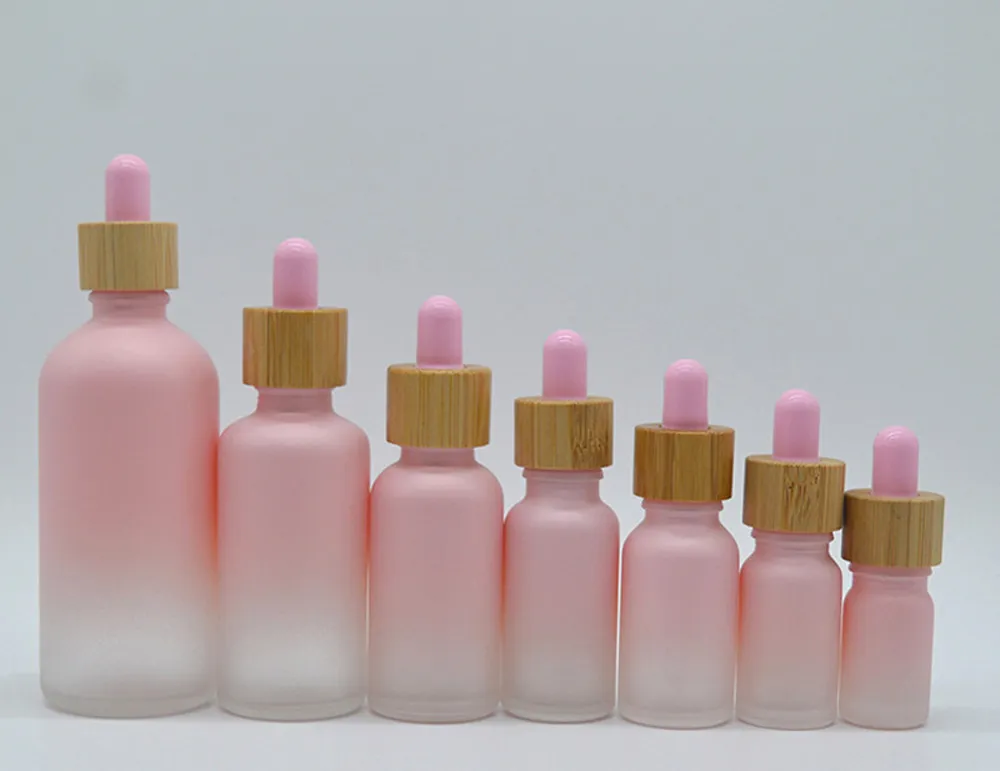 Frosted Glass Dropper Bottle Pipette Drip Pink Color With Bamboo Cap 1oz Essential Oil Bottle 5ml 10ml 20ml 30ml 50ml 100ml Packing Case