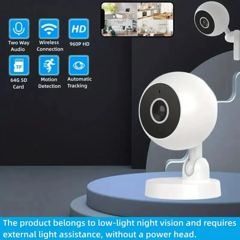 Smart inomhus baby säkerhetskamera - trådlös PTZ -övervakningsvideokam med 720p full HD, WiFi -anslutning och rörelsedetektering