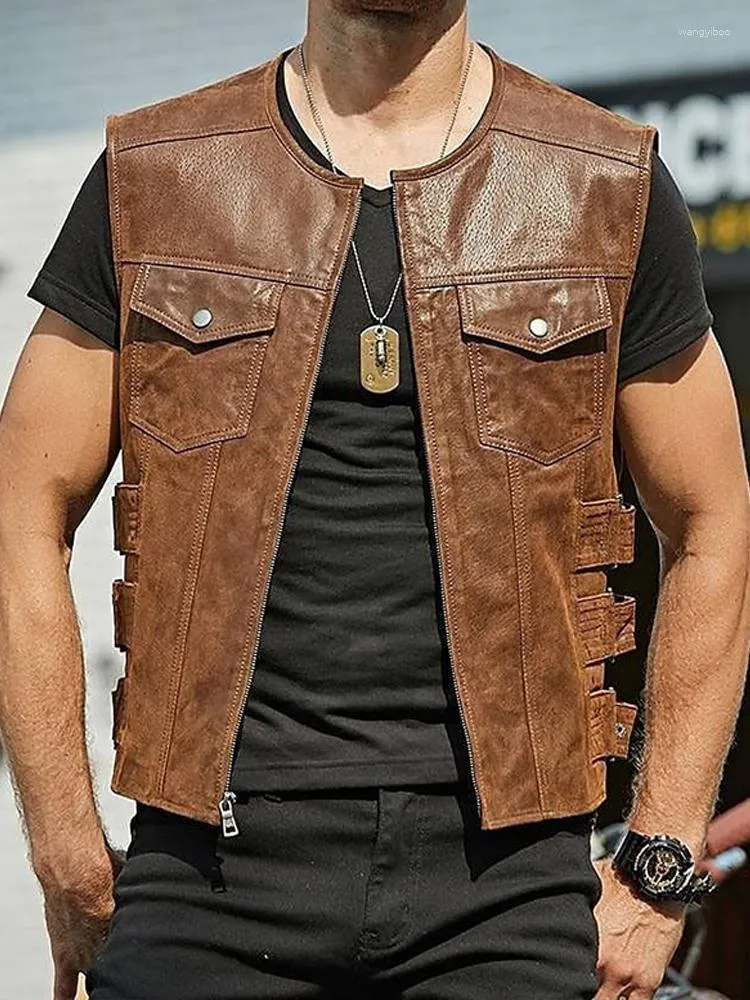 Men's Vests Men Vintage Brown Motorcycle Zipper Pockets Leather Jacket Sleeveless Riding Vest Motor Biker Jackets