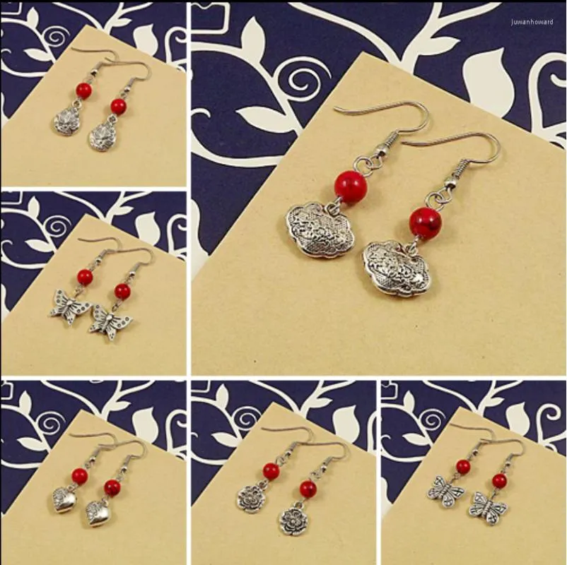 Dangle Boucles D'oreilles Style National Dames Vintage Gland Plat Une Serrure Papillon Amour Coeur Forme Rouge En Gros