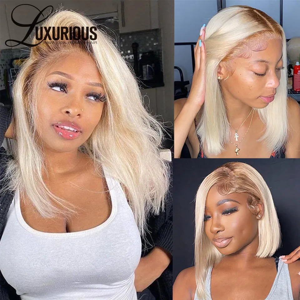 Parrucche sintetiche 13x4 Ombre Blonde Short Bob Pixie Cut per le donne Capelli umani 180 Densità Parrucca anteriore in pizzo Peruviano trasparente 230803