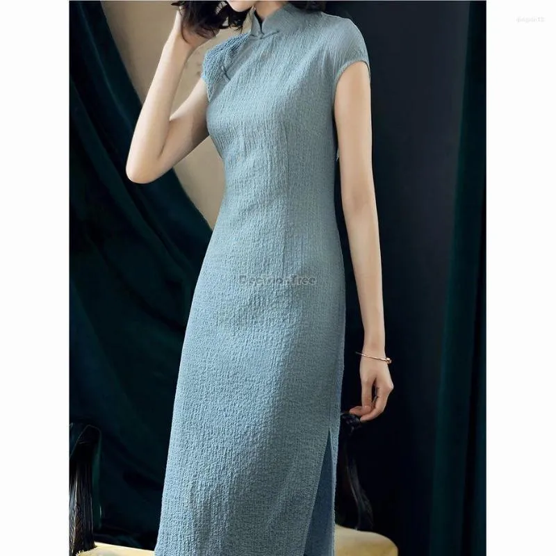 Vêtements ethniques 2023 manches courtes amélioré Cheongsam femme été Vintage Style chinois longue couleur unie col montant Qipao robe S465