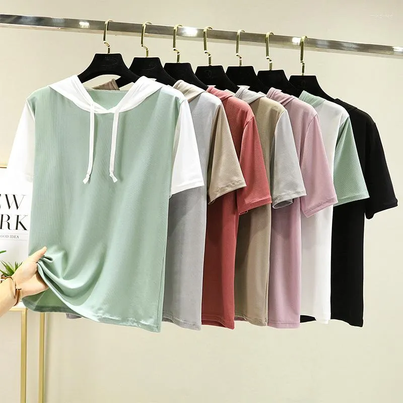 Women's T Shirts Icesilk Tshirt Women Summer Hooded T-shirts Korta ärmar Färg-Mix Loose Casual Tee Tops Fashion Clothing