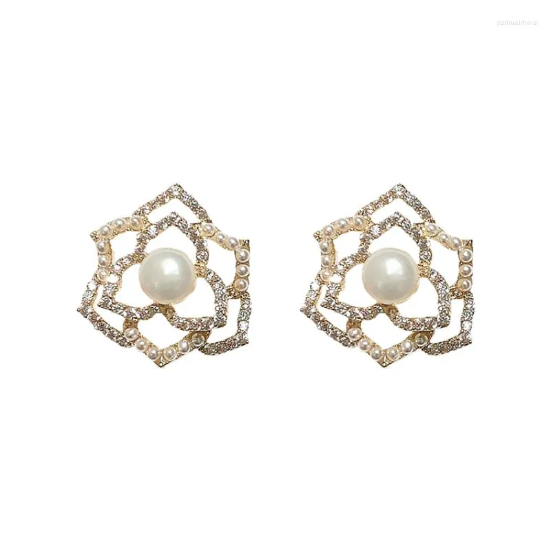 Stud Earrings Austyn Fashion Jewelry Exquisite Zircon Pearl Hollow Flower 14K Real Gold Elegant Women's Daily Camellia Earring