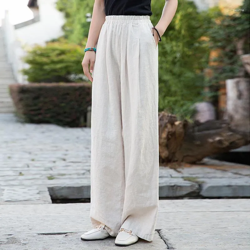 Pantalones De Lino Y Algodón Para Mujer Moda Rectos Sueltos De Cintura  Elástica