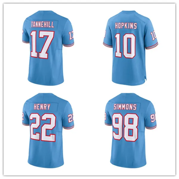 Fotbollströja Derrick Henry 22 Jeffery Simmons 98 DeAndre Hopkins 10 Tannehill 17 Throwback Light Blue Men's Size S-xxxl Stitched Jerseys