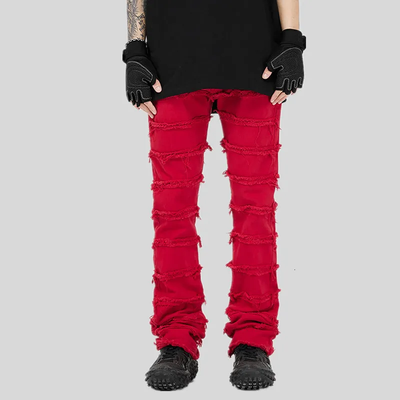 Mäns jeans vibe stil tassel röd streetwear hip hop män grunge jeans byxor y2k kläder kvinnor raka bomullsbyxor veteration homme 230804