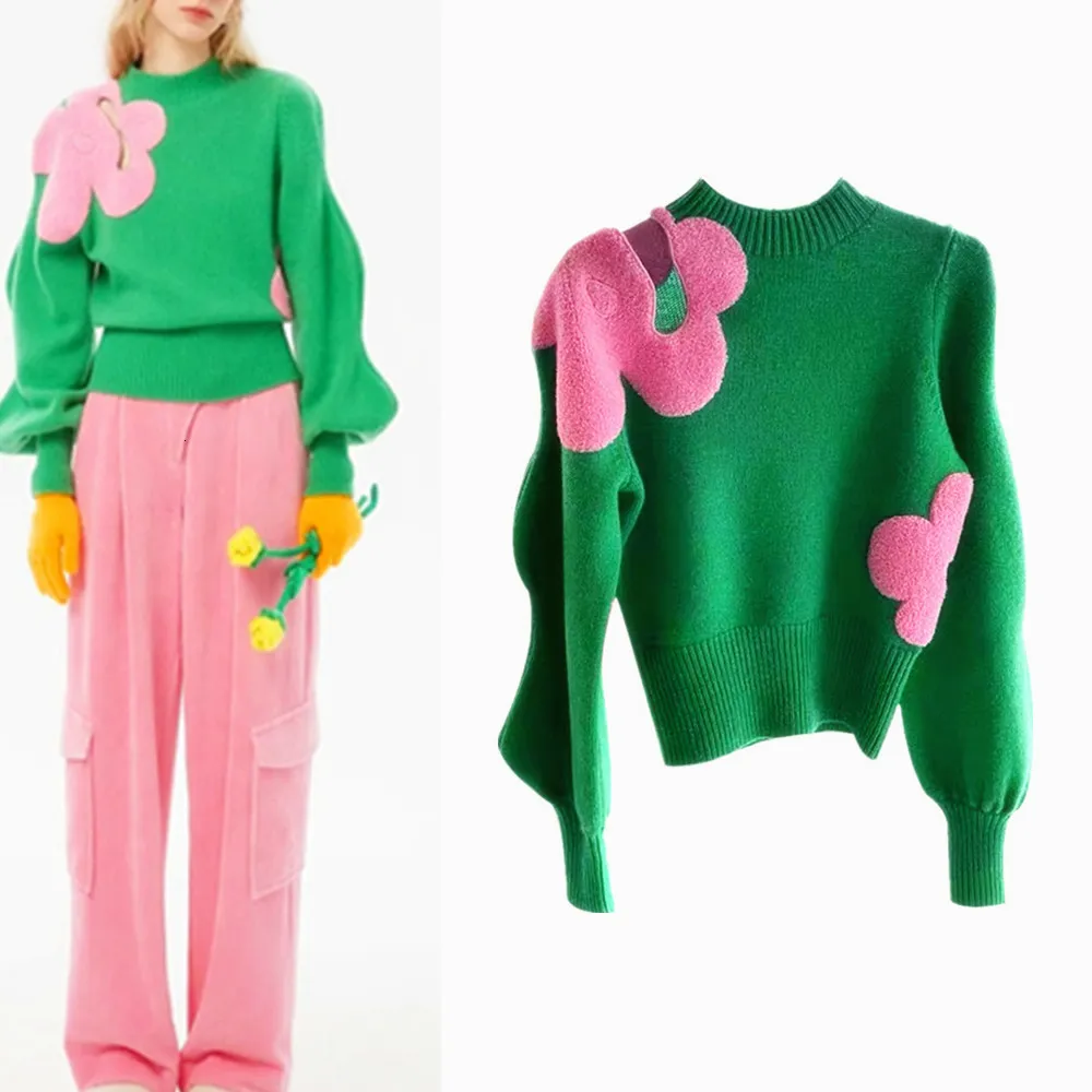 Pulls pour femmes Piste Pulls tricotés Pulls pour femmes Pulls Manches à volants Évider Grandes fleurs Tricots Mujer Vert Rose Pulls NS584 230803