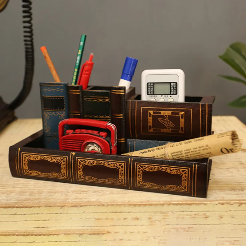 Antique Books Design Pen Holder - Wooden Desk Organizer With Drawer For Office & Home, 6x5x3 Inches