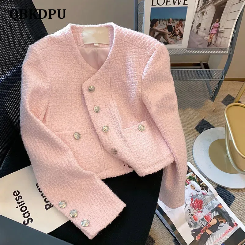 Women's Jackets Pink Korean Cropped Luxury Jacket Women Elegant Round Neck Long Sleeve Design Coat Vintage Single Breasted Chaquetas Mujer 230803