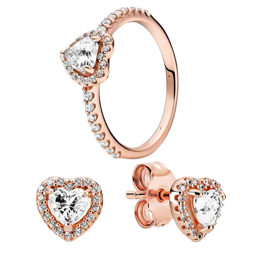 Lxury Rose Gold Stud Earrings Ring Set för Pandora Sparkling Elevated Heart Rings Designer Jewelry for Women Crystal Diamond Love Earring med original Box Set