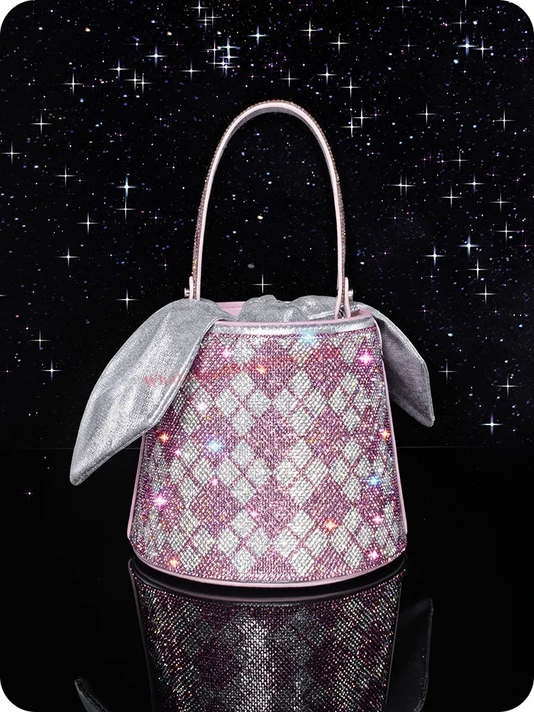 Sacos de noite Saco de cristal rosa ombro xadrez crossbody mulher design de luxo prata patchwork balde cilindro vestido de noite 230803