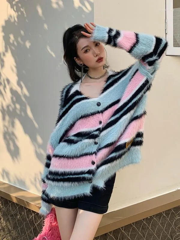 Women's Knits Autumn Winter Stripe Knitted Woolen Yarn Cardigan Coats Women Elegant Chic Korean Pretty Style Loose Girl Sweater Jackets 1097