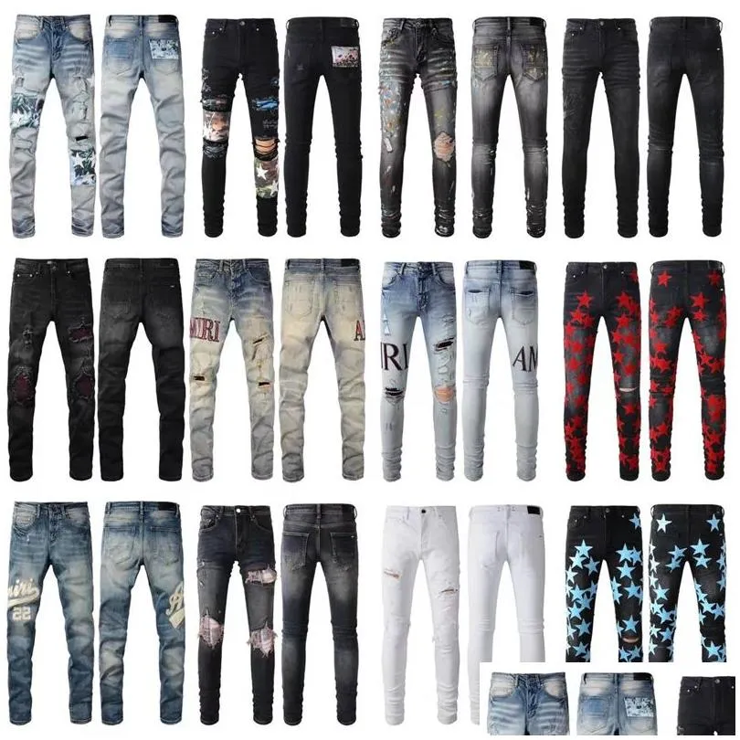 Hommes Jeans Hommes Pour Les Gars Rip Slim Fit Skinny Homme Pantalon Red Star Patchs Portant Biker Denim Stretch Ct Moto À La Mode Long Straigh Dh42O