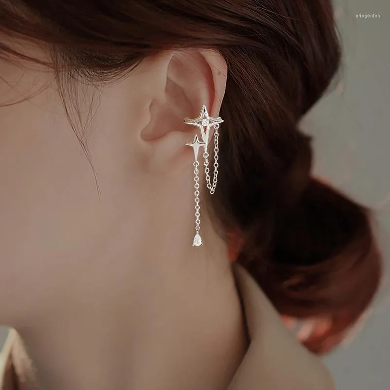 Ryggar örhängen 1st Micro Pave Crystal Tassel Long Chain Star Cross Clip Earring for Women Girl Söta mode öron manschett smycken brincos e704