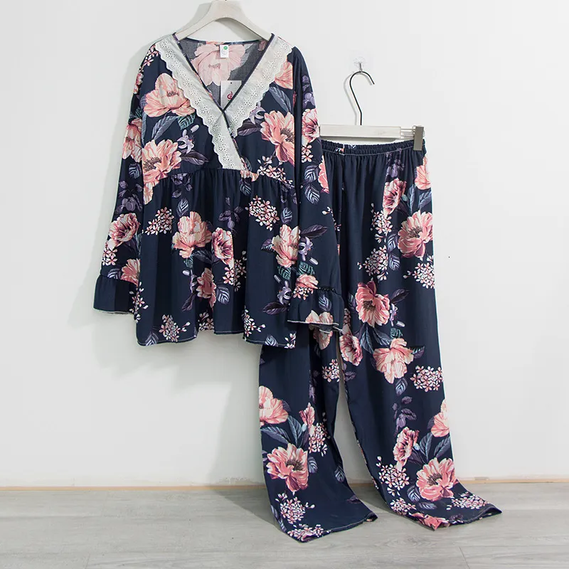 Calças femininas plus size 7XL 150KG Primavera Conjuntos de pijamas femininos para pijamas florais Tops e calças de manga comprida Conjunto feminino para uso doméstico 230804
