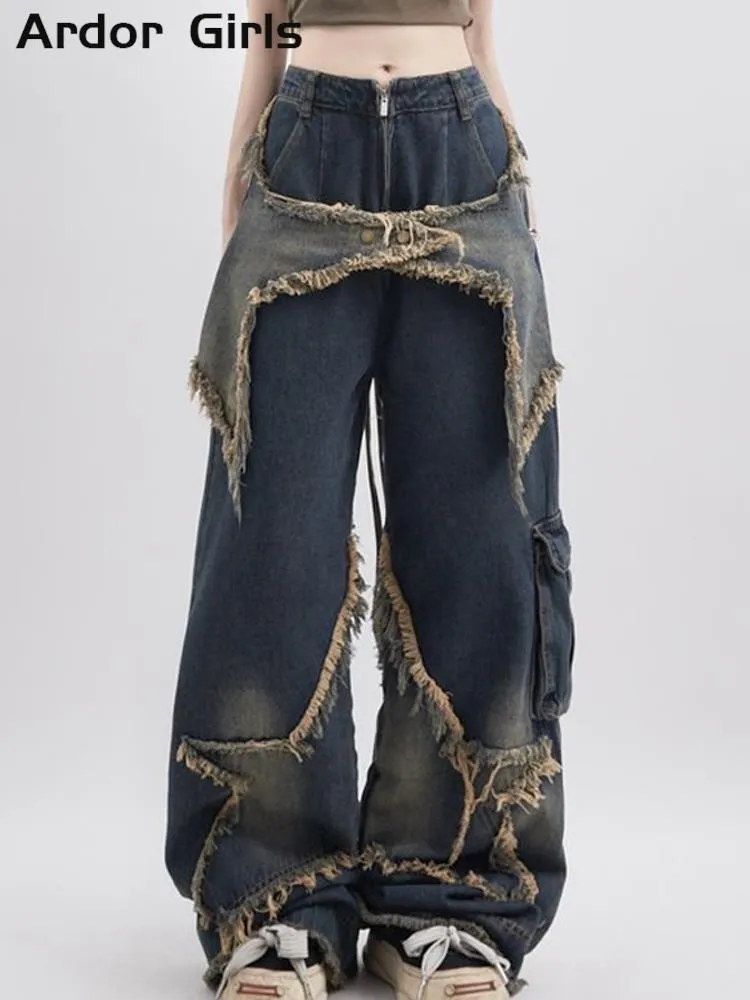 Men s Jeans Cargo Pant Street Loose Oversize Panelled Pentacle Raw Hem Pant 2023 Vintage Blue Hip Hop Female Denim Trousers 230804