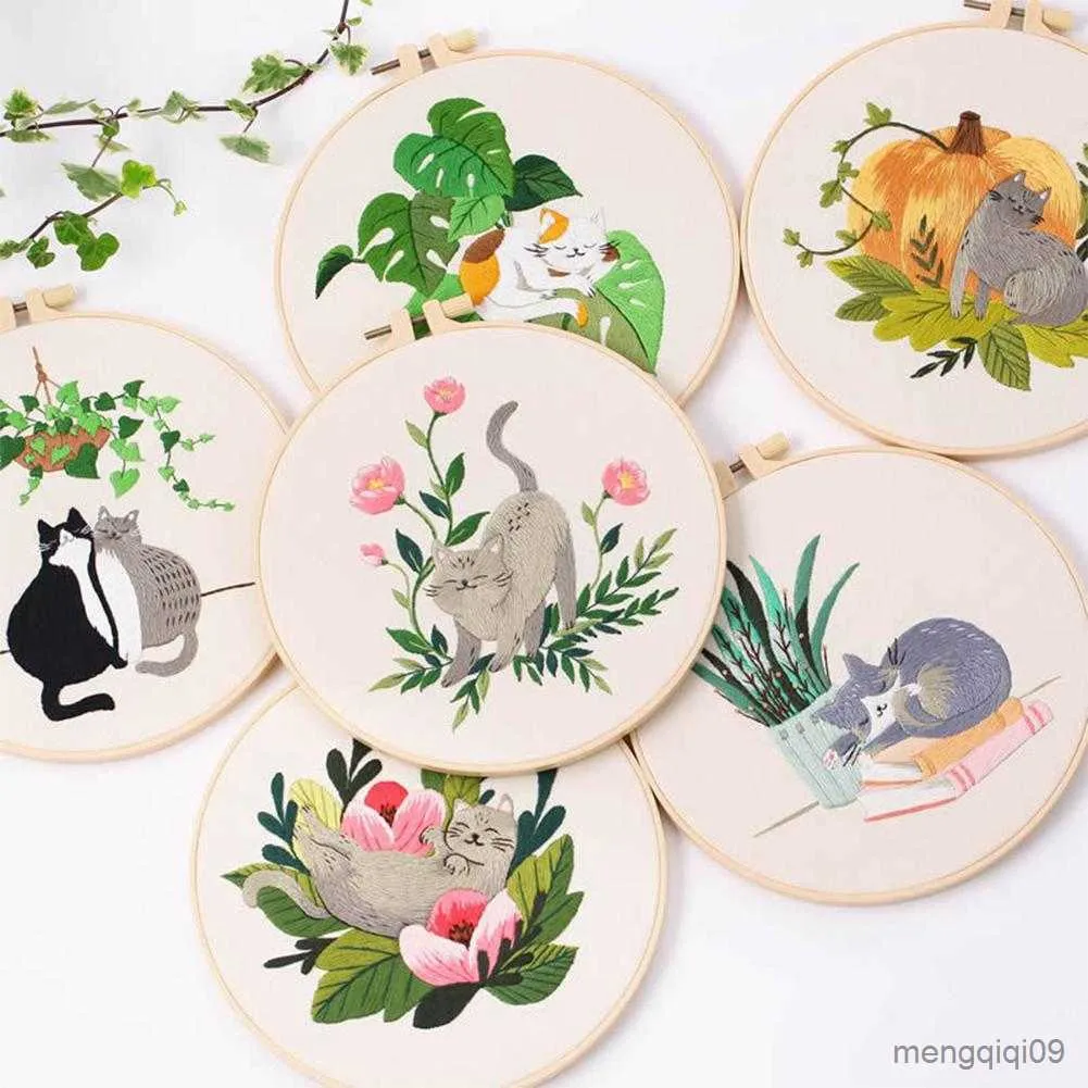 Chinese Style Products DIY Cat Embroidery Starter With Embroidery Hoops Threads Needles Cross Stitch Kits For Beginners Needle Arts Craft R230804