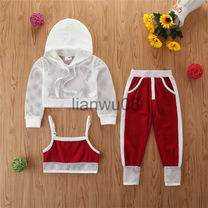 Clothing Sets 3Pcs Fashion Baby Girl Clothes Set Kids Children Girls Clothing Summer Fashion Hollow Coat Suspenders SweatPants Outfits x0803