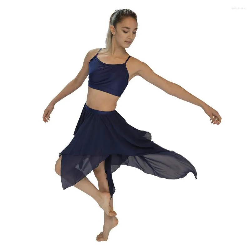 Scene Wear Navy Blue 2 Piece Lyrical Dance Dress Camisole Crop Top Chiffon Oregelbundna kjolar Performance Costume Girls Girls Dancewear