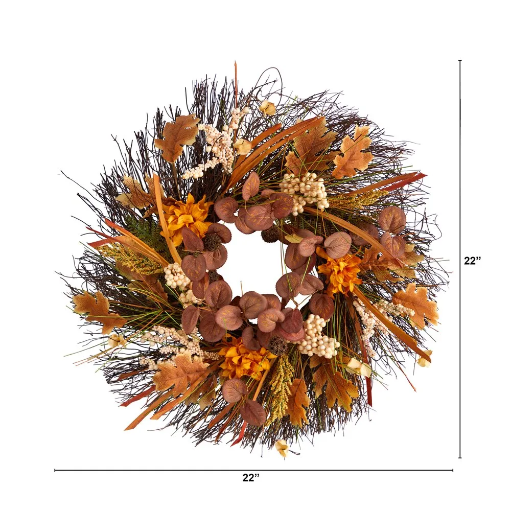 22 Autumn Dahlia and Berries Artificial Wreath, Orange