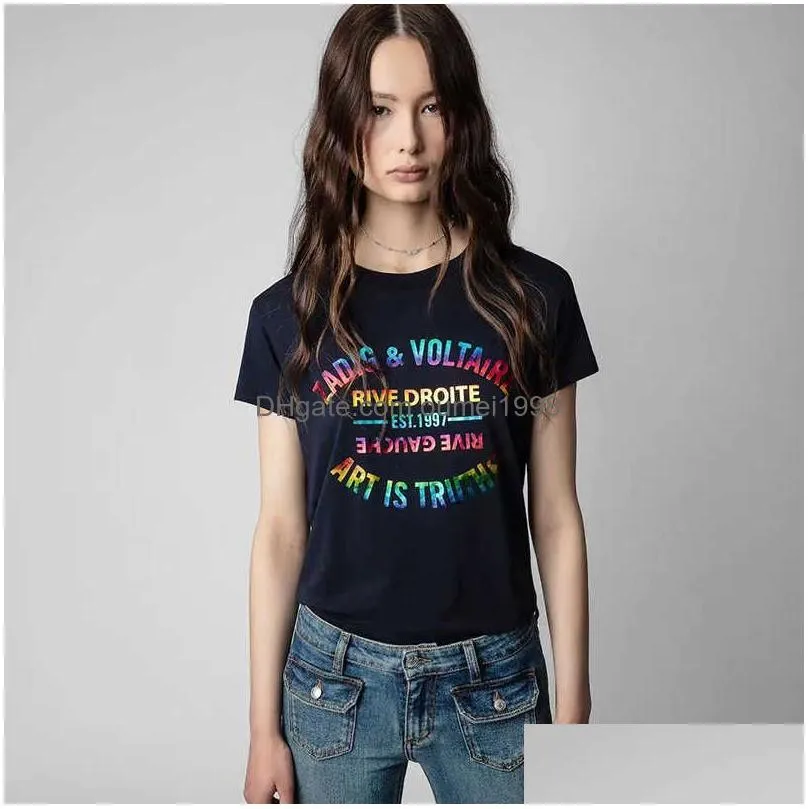 23ss Zv Classic Letter Gilding Tshirt Colorful Print Zadig Round Neck Tees Women Short Sleeved T-shirt Tops Polos