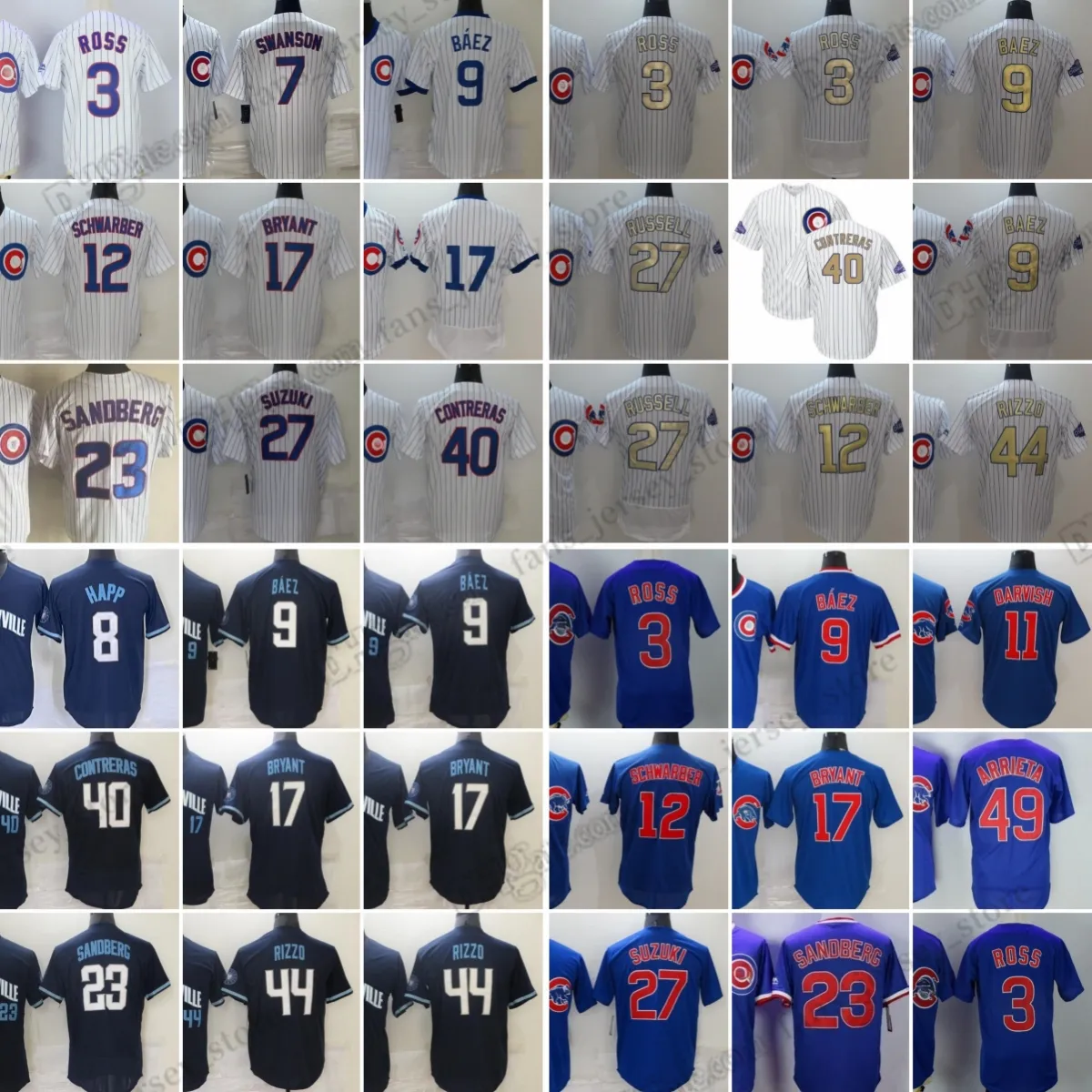 Camisas de beisebol Javier Baez David Ross Anthony Rizzo Willson Contreras Ryne Sandberg Kyle Schwarber Ian Happ Russell Stitched Jersey