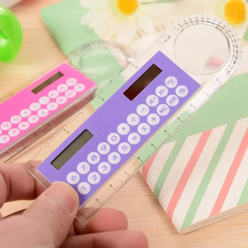 2 in 1 Ruler Digital Calculator Colorful Student Mini Portable Solar Energy Kid Rule Office Stationery