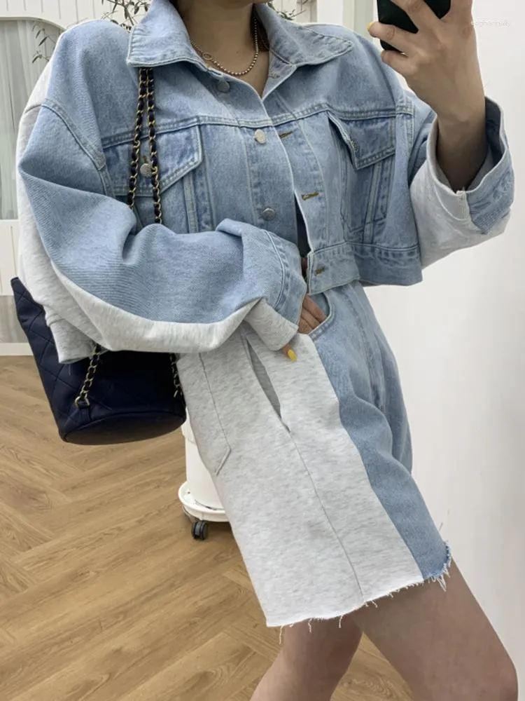 Jeans femme Denim Shorts veste manteau Vintage élégant Hit couleur ensembles femmes deux pièces Outs été mode taille élastique