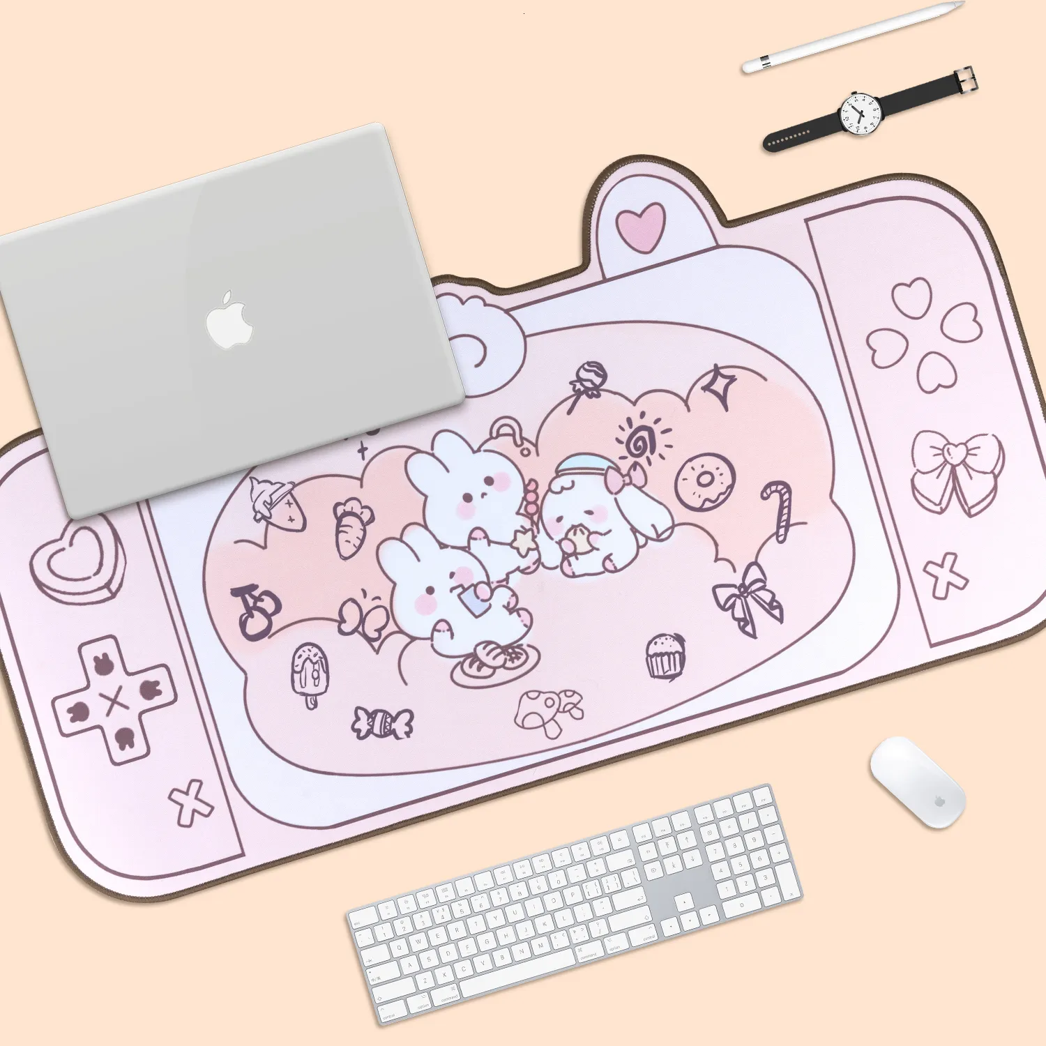 Autres fournitures scolaires de bureau Grand tapis de souris de jeu Kawaii Cute Pink Bunny Party XXL Tapis de bureau Étanche Antidérapant Accessoires pour ordinateur portable 230804