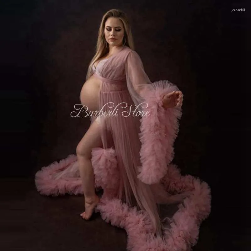 Robes décontractées voir à travers Blush rose Tulle femmes de maternité Ling Robe jolies manches évasées Rulles à plusieurs niveaux robes de grossesse à Po Shoot