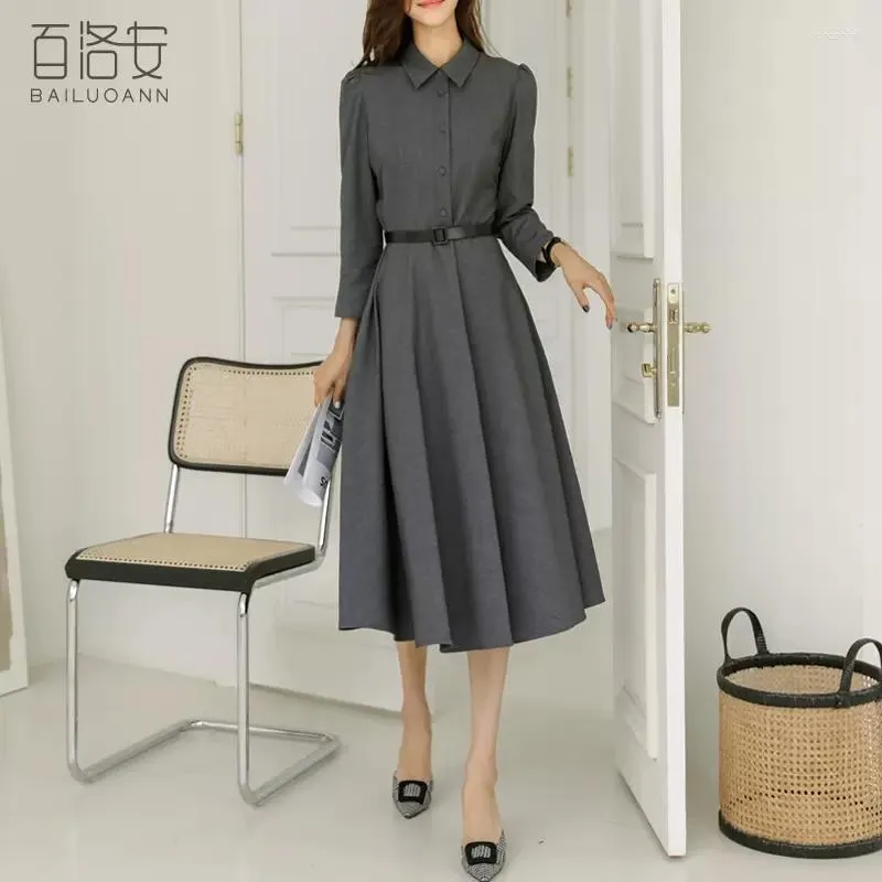 Abiti casual Gonna lunga con risvolto A-line 2023 Spring Professional Commuter Big Swing Dress