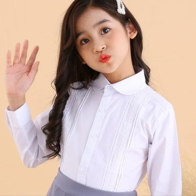 Kids Shirts Spring Autumn Baby Toddler Teenage Girls White Blouse Long Sleeve School Uniform Girl Cotton Shirt Kids Tops 6 8 10 12 14 Years 230803