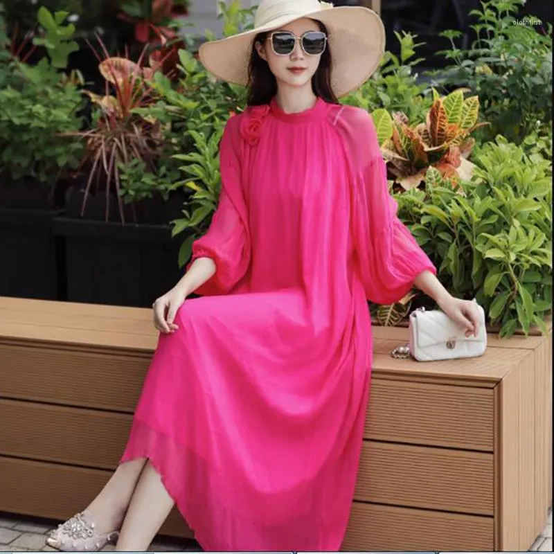 Casual Dresses Rose Red Water Ripple Tie Flowers 2023 O-Neck Raglan Sleeve Women's Elegant Loose Beach Vacation Silk Dress One Size