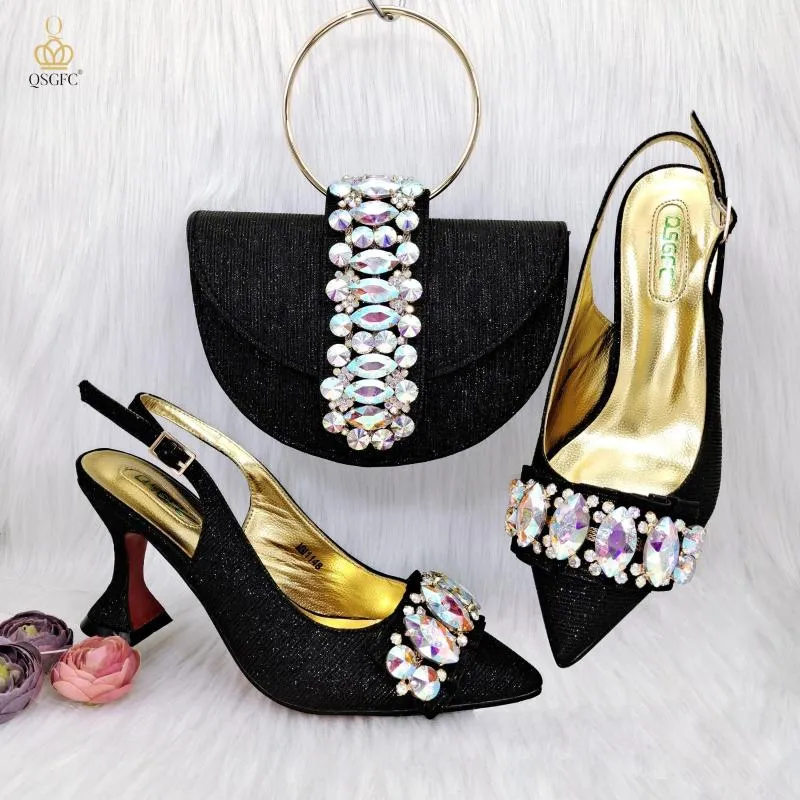 Dress Shoes QSGFC Elegant Three Dimensional Bag And Ladies High Heel Shiny Material With Big Rhinestones For Nigerian Wedding Party