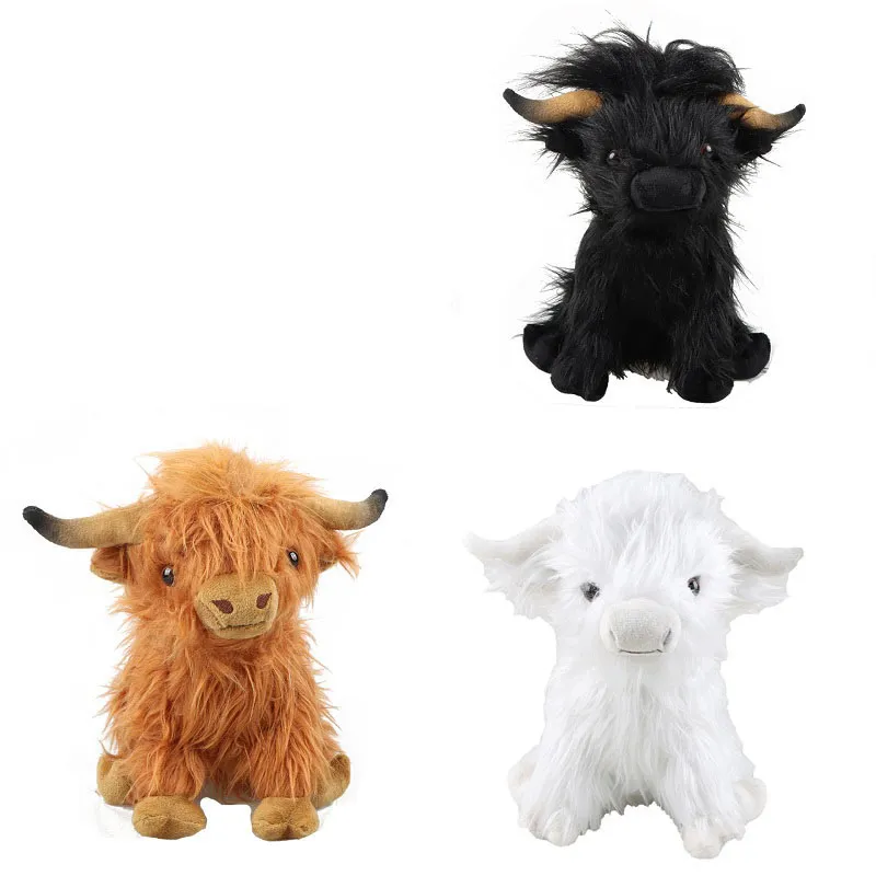 25cm Scottish Highlands Cow Plush 장난감 생생한 봉제 동물 인형 브라운 흰색 검은 블루 선물 어린이를위한