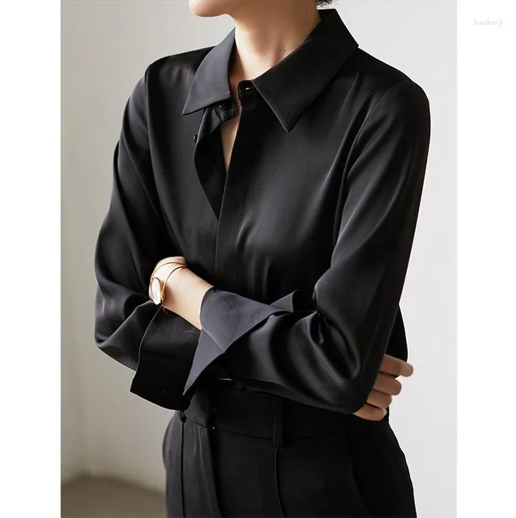 Camicette da donna 2023 Commuter Black Satin Shirt Dropping Top professionale