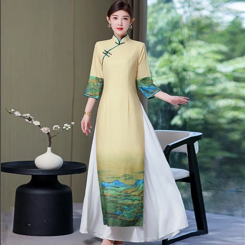 Roupas étnicas Feminino Vietnã Ao Dai Vestido Primavera Outono Vintage Estilo Chinês Cheongsam Mulheres Modernas Melhorar Eleganti Longo Qipao 2023