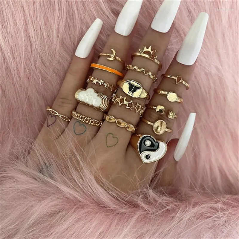 Cluster Rings Bohemian Gold Color Chain Set For Women Retro Pearl Butterfly Snake Crystal Finger Party 2023 Trendy Jewelry Gift